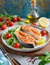 Succulent grilled salmon steaks on a plate with salad.