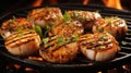 Succulent grilled scallops sizzling on a hot grill, showcasing their mouthwatering sear marks and tempting aroma