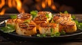 Succulent grilled scallops sizzling on a hot grill, showcasing their mouthwatering sear marks and tempting aroma