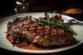 Succulent Grilled Steak on a Dinner Plate. Perfect for Restaurant Menus and Food Blogs.