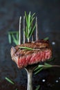 Succulent Grilled Steak on Fork with Rosemary Garnish Against Dark Background Royalty Free Stock Photo