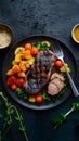 Succulent grilled steak, pork, and veggies plated for gourmet dining