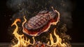 Grilled steak with grill marks suspended in fire and smoke above coals beef meat Royalty Free Stock Photo