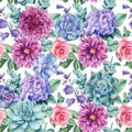 Succulent, hydrangea, lily, roses and dahlia, watercolor botanical illustration. Seamless pattern Summer vintage floral