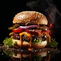 Succulent, juicy hamburger overflowing with an array of fresh vegetables, AI-generated.