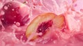 A succulent peach half emerges amidst a vibrant splash of pink liquid