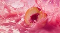 A succulent peach half emerges amidst a vibrant splash of pink liquid