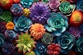 Succulent plants background. Top view succulent cactus, horticulture. Colorful succulents with cacti. AI Generated