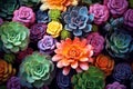 Succulent plants background. Top view succulent cactus, horticulture. Colorful succulents with cacti. AI Generated