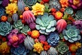 Succulent plants background. Top view succulent cactus, horticulture. Colorful succulents with cacti. AI Generated