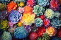 Succulent plants background. Top view succulent cactus, horticulture. Colorful succulents with cacti. AI Generated