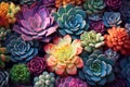 Succulent plants background. Top view succulent cactus, horticulture. Colorful succulents with cacti. AI Generated