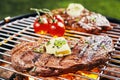 Succulent portion of rump steak grilling on BBQ Royalty Free Stock Photo