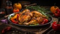 Succulent roast chicken sizzling in a hot pan, ready to be served with mouthwatering flavors