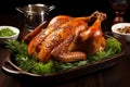 Succulent roast chicken sizzling in a stainless steel pan, creating a mouthwatering aroma