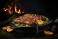 Succulent roast goose sizzling in a seasoned pan, ready to be served for a delightful feast