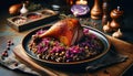 Gourmet Roasted Duck Leg with Lentils and Red Cabbage, AI Generated