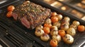 Roasted Lamb Rack with Herb-Roasted Potatoes and Tomatoes Royalty Free Stock Photo