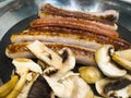 Succulent Sausages Frying with Organic Mushrooms