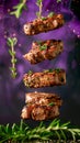 Succulent Sliced Grilled Steak Seasoned with Spices and Herbs Floating in Mid Air with Purple Background