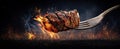 The succulent steak held aloft by a fork amidst vibrant flames.AI generated image Royalty Free Stock Photo