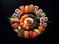 succulent sushi on a black tray, black background, perfect presentation, flying fish roe, salmon, rice and tuna, created with ai