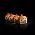 succulent sushi on a black tray, black background, perfect presentation, flying fish roe, salmon, rice and tuna, created with ai