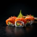 succulent sushi on a black tray, black background, perfect presentation, flying fish roe, salmon, rice and tuna, created with ai