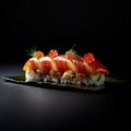 succulent sushi on a black tray, black background, perfect presentation, flying fish roe, salmon, rice and tuna, created with ai