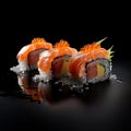 succulent sushi on a black tray, black background, perfect presentation, flying fish roe, salmon, rice and tuna, created with ai