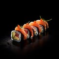 succulent sushi on a black tray, black background, perfect presentation, flying fish roe, salmon, rice and tuna, created with ai