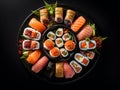 succulent sushi on a black tray, black background, perfect presentation, flying fish roe, salmon, rice and tuna, created with ai