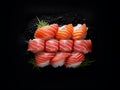 succulent sushi on a black tray, black background, perfect presentation, flying fish roe, salmon, rice and tuna, created with ai