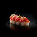 succulent sushi on a black tray, black background, perfect presentation, flying fish roe, salmon, rice and tuna, created with ai