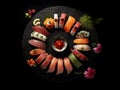 succulent sushi on a black tray, black background, perfect presentation, flying fish roe, salmon, rice and tuna, created with ai