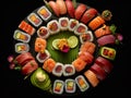 succulent sushi on a black tray, black background, perfect presentation, flying fish roe, salmon, rice and tuna, created with ai