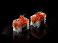 succulent sushi on a black tray, black background, perfect presentation, flying fish roe, salmon, rice and tuna, created with ai