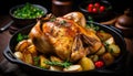 Succulent and tender roast chicken with golden crispy skin, perfectly cooked in a sizzling pan