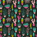 Succulents and cacti plants. Vector seamless pattern with home garden cartoon cactus on dark background.
