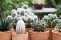 Succulents and Cactus in different clay pots on the white table. Royalty Free Stock Photo