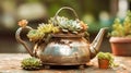 Succulents in an old teapot, garden decor, generative AI.
