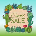 Succulents sale cacti green plants vector illustration. Nature botanical houseplant floral banner. Cactus design botany Royalty Free Stock Photo