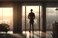 Sucessful businessman in suit in hotel room look over city