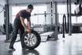 Such a clean floor. Mechanic holding a tire at the repair garage. Replacement of winter and summer tires Royalty Free Stock Photo