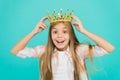 It is such great honor for me. Title miss little princess. Girl wear crown blue background. Cute emotional sincere