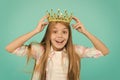 It is such great honor for me. Title miss little princess. Girl wear crown blue background. Cute emotional sincere