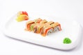 Suchi on white plate and background. Isolate