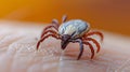 Sucking tick Macro photo on human skin. Ixodes ricinus. Bloated parasite bitten into pink irritated epidermis. Small red Royalty Free Stock Photo