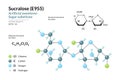 Sucralose. E955. Artificial Sweetener and Sugar Substitute. Structural Chemical Formula and Molecule 3d Model. C12H19Cl3O8