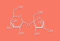 Sucrose sugar molecule. Also known as table sugar, cane sugar or beet sugar. Skeletal formula.